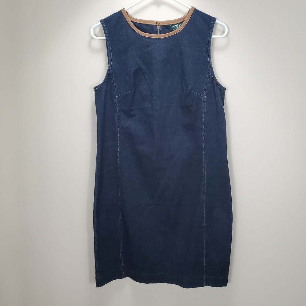 Lauren Ralph Lauren Denim Dark Wash Sheath Dress Sheep Leather Trim NWT Sz 6
